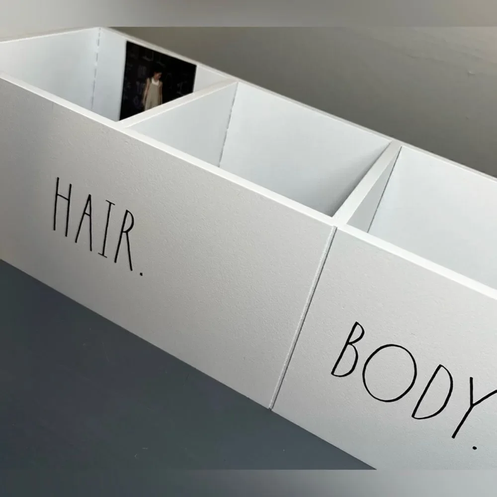NWT Rae dunn Gorgeous White Wood Black face hair body 4 Compartments organizer